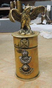 A shell case in the Durham Light Infantry Museum. The cross and eagle had been incorrectly assessed as German. The piece was most likely owned by a British padre.